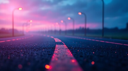 Glowing Neon Highway at Dusk – Futuristic Road with Pink and Blue Lights in Evening Atmosphere