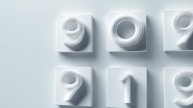Geometric arrangement of paper numbers 9095 9198 on square tile background, crisp monochrome modern design, numbers are die cut from paper.