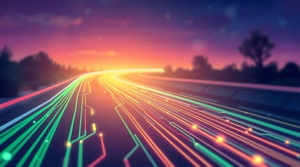 Futuristic Neon Highway Under Night Sky – Glowing Cyber Road with Pink and Blue Light Trails and Moonlit Background
