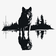 Wolf reflection animal wildlife nature water landscape forest trees mountains black and white art design silhouette