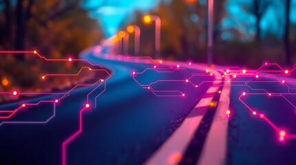 Futuristic Neon Highway Under Night Sky – Glowing Cyber Road with Pink and Blue Light Trails and Moonlit Background