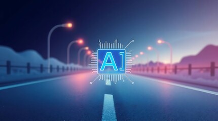 Artificial Intelligence Chip Symbol on Highway – Futuristic AI Technology on Road Concept