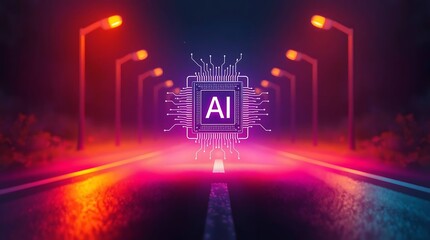 Artificial Intelligence Chip Symbol on Highway – Futuristic AI Technology on Road Concept