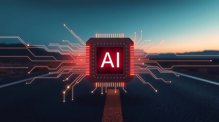 Artificial Intelligence Chip Symbol on Highway – Futuristic AI Technology on Road Concept