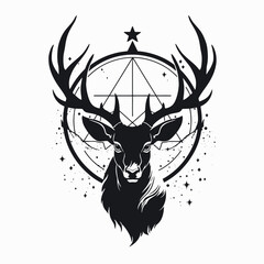 Deer stag antlers star pentagram occult mystic animal forest wildlife nature black white illustration art silhouette