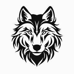 Wolf head animal canine predator wild black and white vector illustration logo design tribal art tattoo silhouette