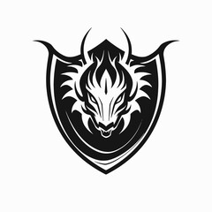 Dragon shield logo heraldry emblem black and white fantasy creature animal mythical beast illustration design silhouette