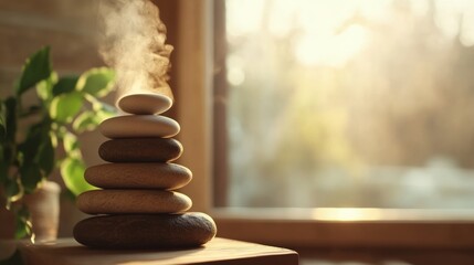 Obraz premium Healthy relaxation experience with hot stones, natural light, steam
