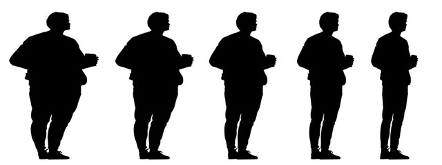 Conceptual fat overweight obese man vs slim fit healthy body after weight loss or diet, white background banner. A  fitness, nutrition or obesity, health care shape illustration vector as silhouettes