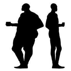 Conceptual fat overweight obese man vs slim fit healthy body after weight loss or diet, white background. A  fitness, nutrition or obesity, health care shape illustration vector as silhouettes