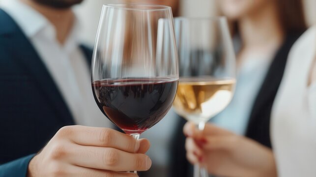 Business-casual friends enjoying wine in a lively social event