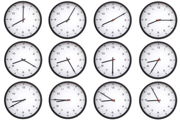 A collage of 12 analog wall clocks, each displaying a different from 08:00 to 08:55 or 20:00 to...