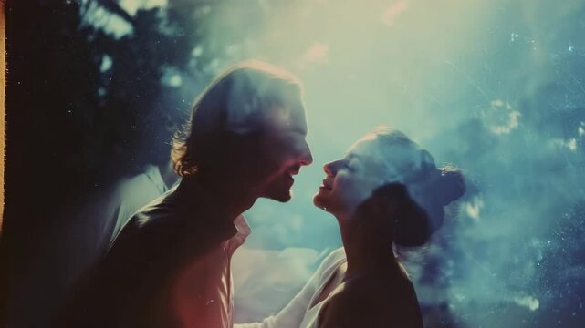 Romantic silhouette of cute couple. Soft, dreamlike magic atmosphere. Intimacy, emotions, feelings of first kiss. Loving date moment, love and connection. Romance, relationship, emotional depth.