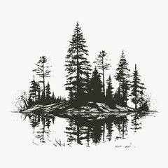 Forest trees lake reflection nature landscape scenic woodland wilderness outdoor environment wild black white art silhouette