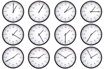 A collage of 12 analog wall clocks, each displaying a different from 01:00 to 01:55 or 13:00 to...