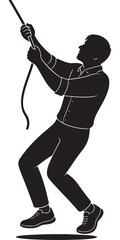 Silhouette of a man holding an invisible rope with both hands and pulling it down hard, action silhouette