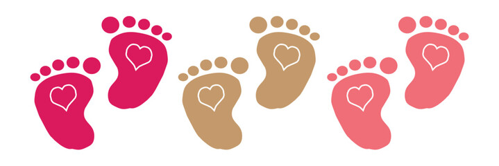 Baby footprints silhouette, Baby footprints simple flat vector Kids or baby feet and foot steps Fun vector footsteps icon for print. Love heart blue boy or pink girl sign on white back ground eps10