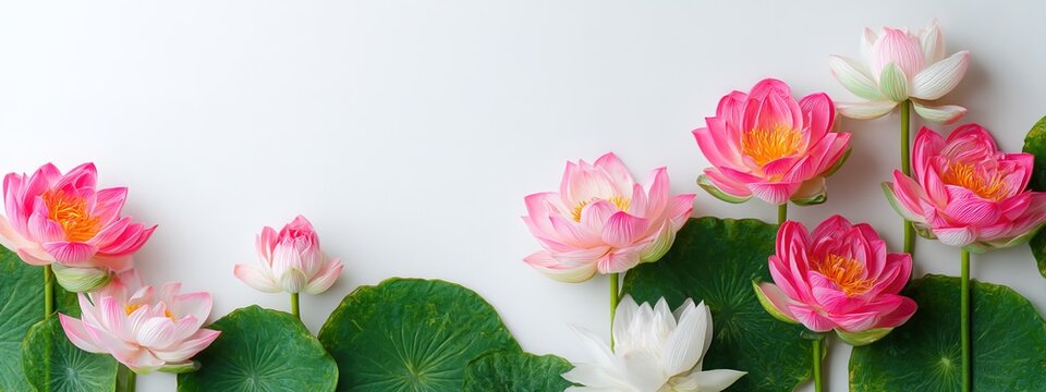Lotus flowers border on white background with copy space. Zen meditation, yoga practice, spiritual growth concept. Greeting card for International Yoga Day, World Mental Health Day. High quality