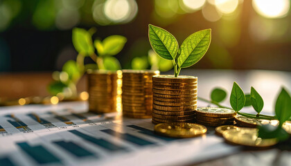 Eco investing stocks concept with golden coins and green plant growing on financial chart symbolizing growth and sustainability