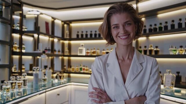 Smiling perfumer woman in a lab coat standing confidently in a fragrance shop