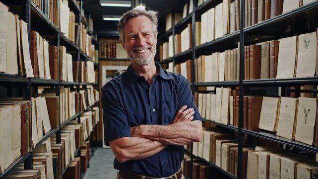Elderly man archivist smiling with crossed arms in library filled with books  