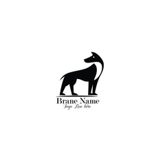 Simple black silhouette of a standing dog with space for brand name and slogan.