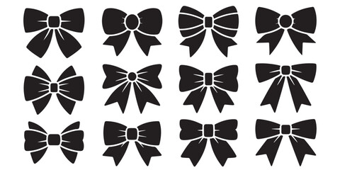 Collection of Black Bow Icons Various Styles, Outline Drawings of Classic Bows for Gift Wrapping, Black Bow Icons for Design