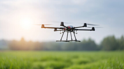 Industrial drone sprays beneficial pesticides over a lush green field, enhancing crop growth and pest management with modern technology