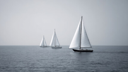 Fototapeta premium Classic sailing yachts race across open water under windy weather, showcasing elegant sails in motion against a clean horizon