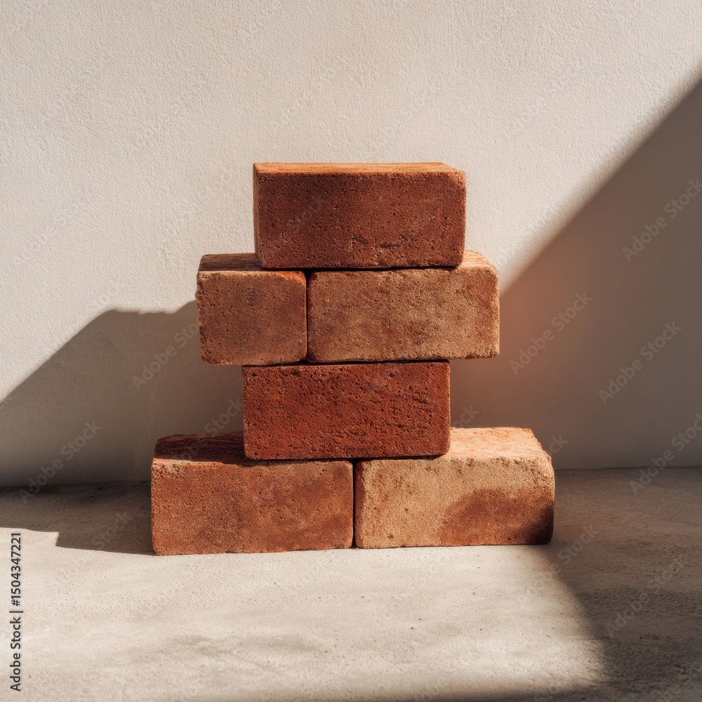 Leinwandbilder stack of red bricks casting shadow on clean concrete surface in a well-lit environment