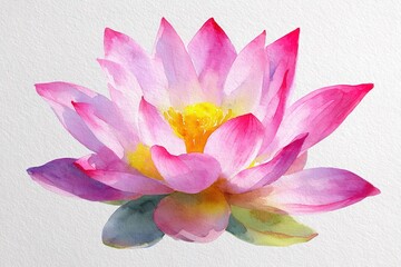 Watercolor lotus flower with pink petals and yellow center on white background. Zen meditation and yoga concept. Buddhist symbol for World Yoga Day, Vesak Day, mental health. High quality