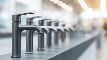 Fototapeta premium Modern metal faucets displayed in organized rows on a showroom counter with lens flare and ample copyspace