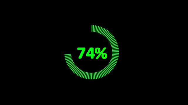 74% animated pie chart video on black background &ndash; half circle segment animation, minimal circular info graphic, percentage data visualization, modern graph design.