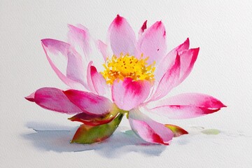 Watercolor lotus flower with pink petals and yellow center on white background. Zen meditation and yoga concept. Buddhist symbol for World Yoga Day, Vesak Day, mental health. High quality