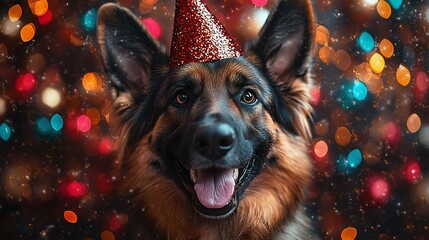 A cheerful German Shepherd wearing a festive party hat against a colorful bokeh background. Perfect for celebrating pet moments and holidays.