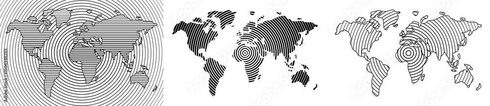 Wall mural set of world map with all continents, halftone and strips and lines design style, ideal for web, bus