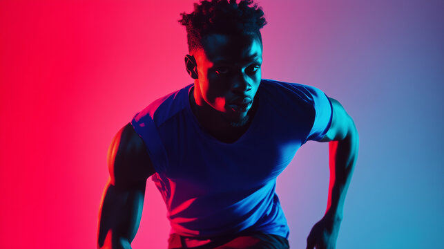 An African-American male soccer player trains in motion, captured in vivid neon light against a gradient studio backdrop.