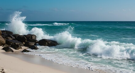 Fototapeta premium Waves Crashing on Shoreline: Capture the raw power of nature as ocean waves crash against a rocky shoreline, creating a mesmerizing display of marine beauty.