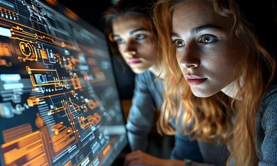 Two young women intently viewing complex tech interfaces on a large monitor screen - Powered by Adobe