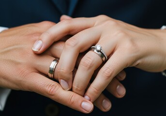 Close up Wedding Rings on Newlyweds Fingers Bridal Jewelry Detail Marriage Symbol Love Union Gold Diamond Bands Together Hand Skin Texture