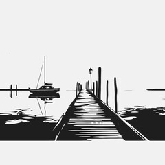 Dock boat water pier lake landscape ocean sea travel nature horizon scenic calm reflection monochrome