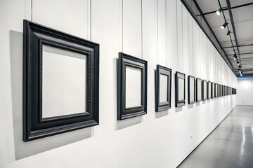 Black and White Minimalist Empty Hallway with Large Picture Frames – Symmetrical Industrial Art Gallery Space