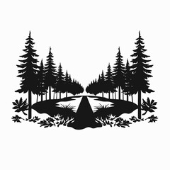 Obraz premium Silhouette forest trees nature landscape vector design woods outdoors pine tree scenic evergreen black white