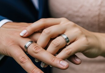 Close up Wedding Rings on Newlyweds Fingers Bridal Jewelry Detail Marriage Symbol Love Union Gold Diamond Bands Together Hand Skin Texture