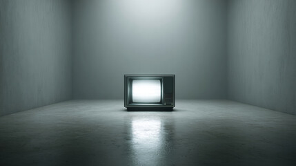 Static-filled vintage television displaying a horror movie title on a minimalistic white surface