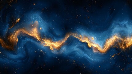 Obraz premium Stunning cosmic abstract art featuring vibrant blue and golden swirls, resembling a deep space nebula filled with stars and gas clouds.