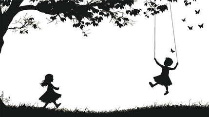 Children Playing on Swing Silhouette Under Tree