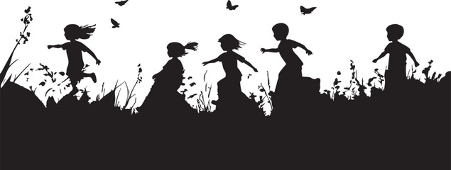  Silhouettes of Happy Children Playing Outdoors in Nature