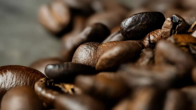 Macro shot showcasing a heap of shiny, roasted coffee beans with rich brown textures, highlighting their aromatic potential.