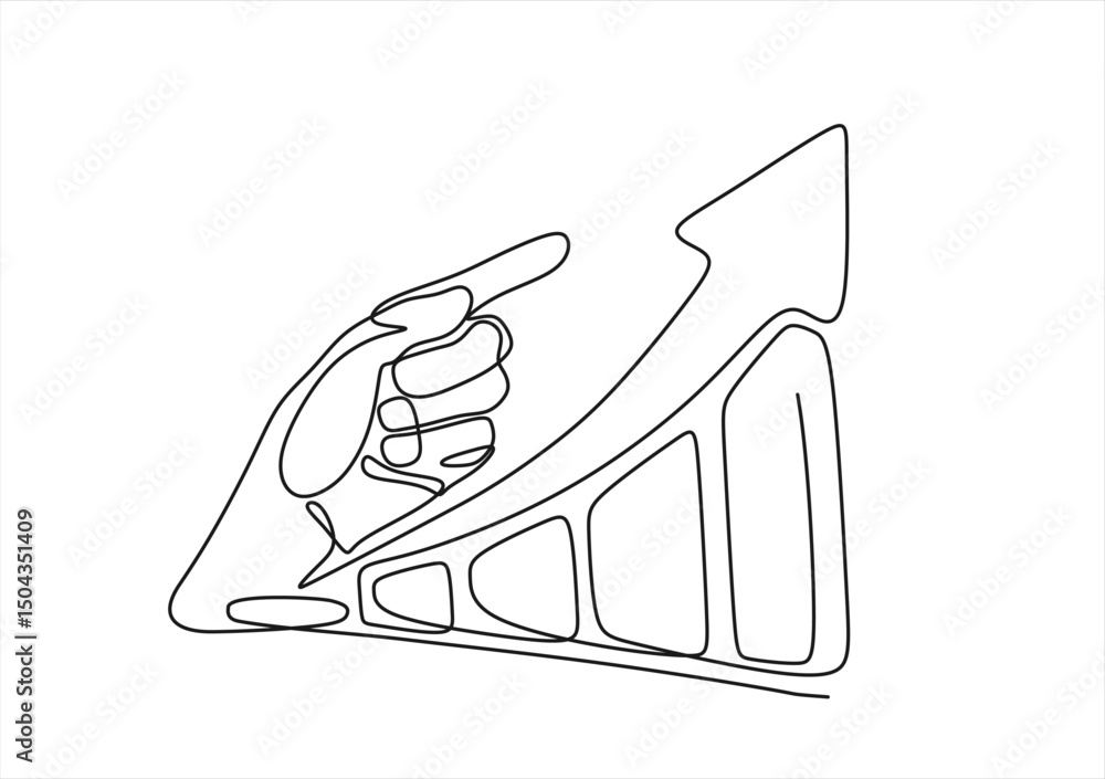 Poster continuous line drawing of a hand showing growth graph. editable stroke.